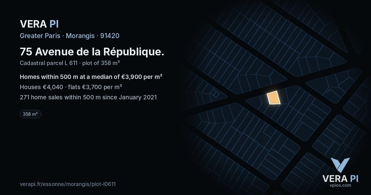 75 Avenue de la République, Morangis at night – the plot lit, the parcels around coloured by the prices near them