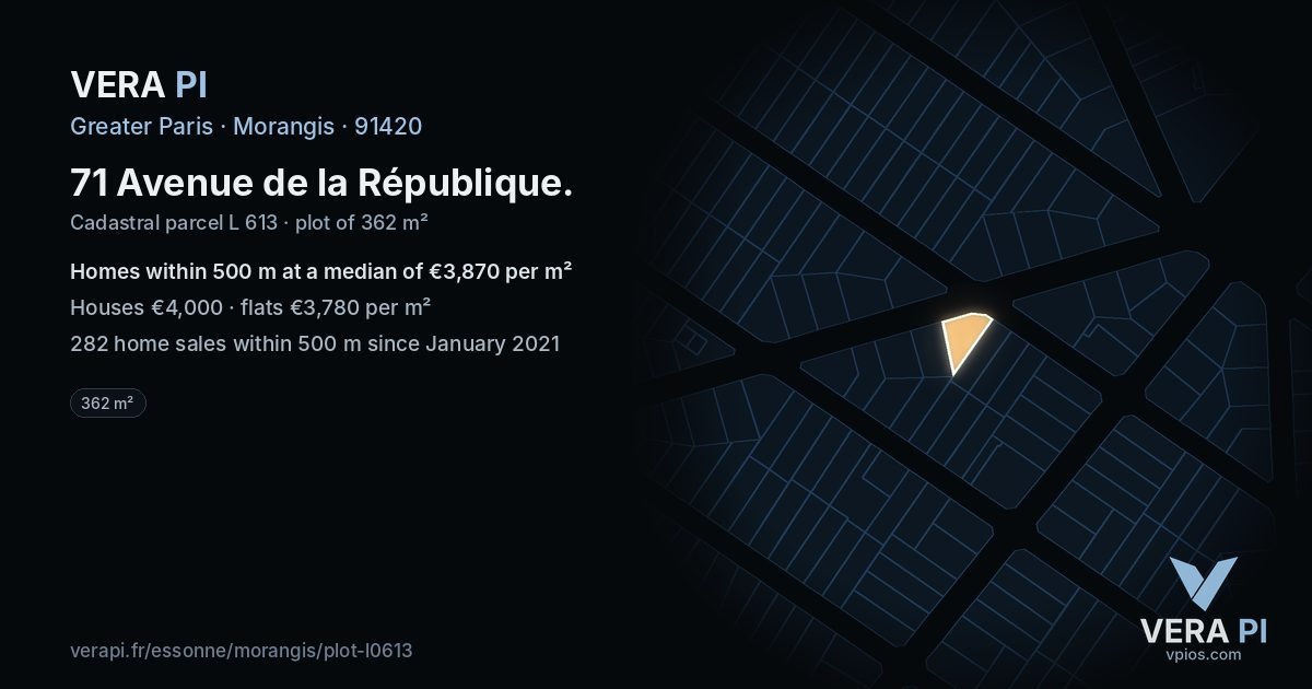71 Avenue de la République, Morangis at night – the plot lit, the parcels around coloured by the prices near them