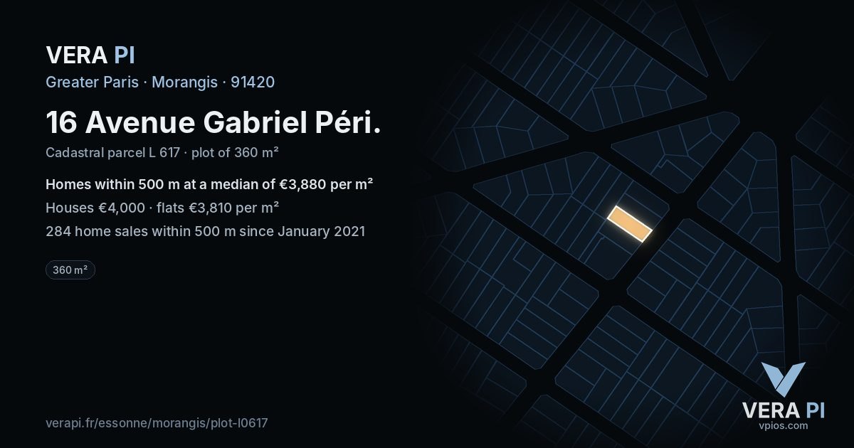 16 Avenue Gabriel Péri, Morangis at night – the plot lit, the parcels around coloured by the prices near them