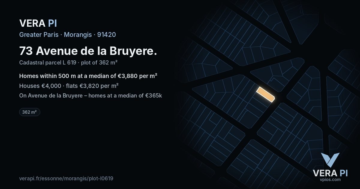 73 Avenue de la Bruyere, Morangis at night – the plot lit, the parcels around coloured by the prices near them