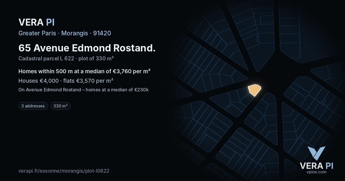 65 Avenue Edmond Rostand, Morangis at night – the plot lit, the parcels around coloured by the prices near them