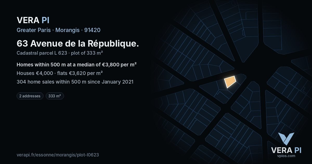 63 Avenue de la République, Morangis at night – the plot lit, the parcels around coloured by the prices near them