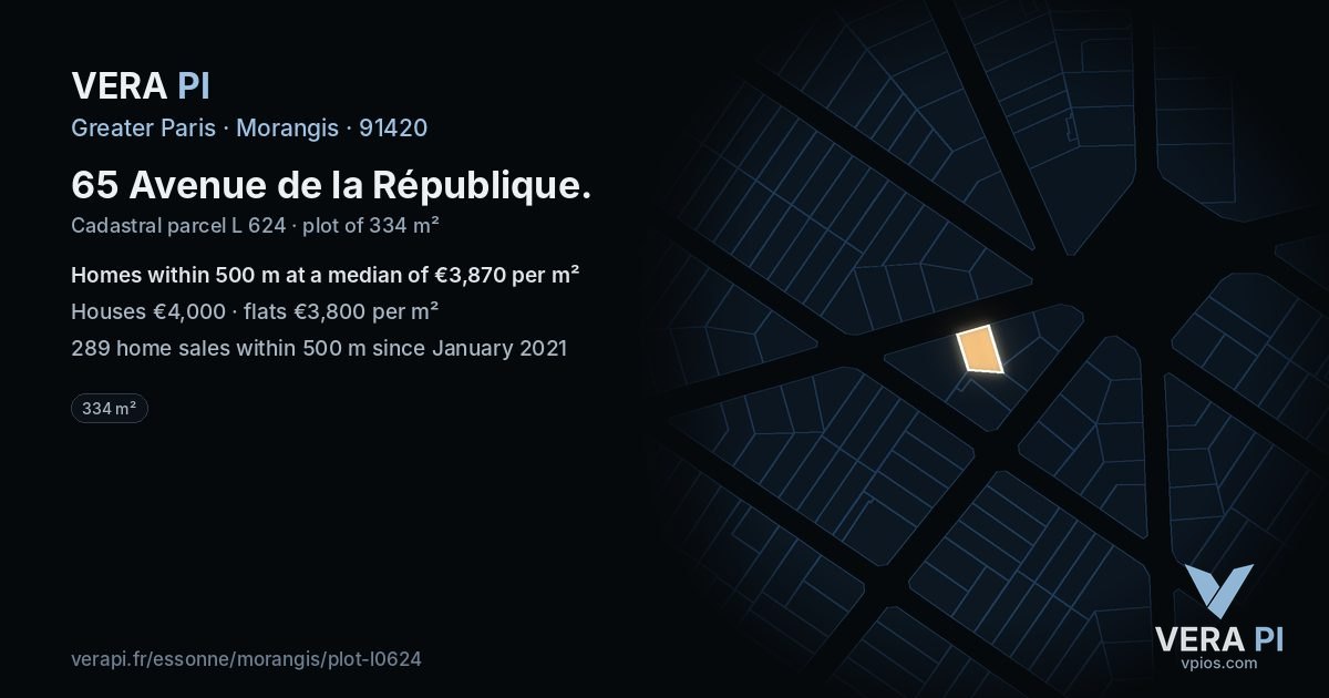 65 Avenue de la République, Morangis at night – the plot lit, the parcels around coloured by the prices near them