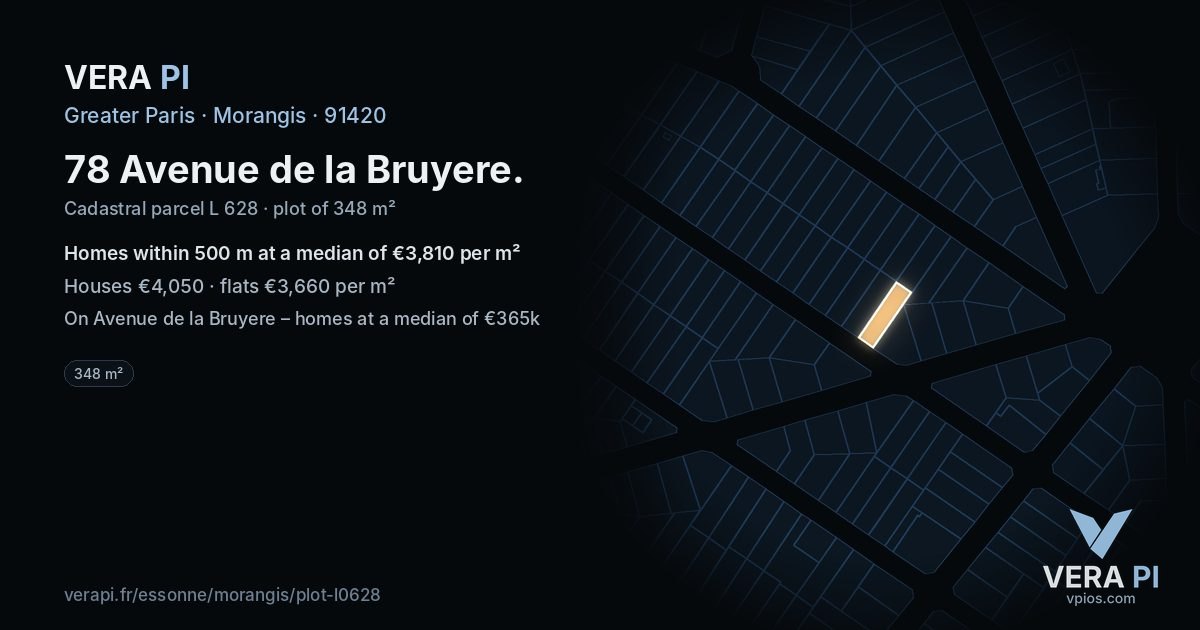 78 Avenue de la Bruyere, Morangis at night – the plot lit, the parcels around coloured by the prices near them