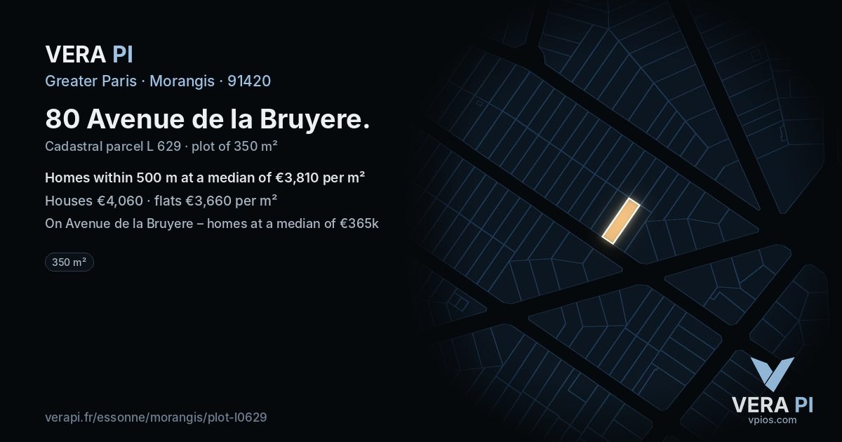 80 Avenue de la Bruyere, Morangis at night – the plot lit, the parcels around coloured by the prices near them
