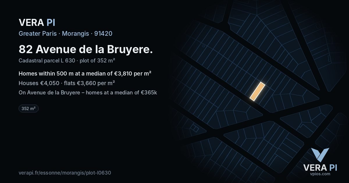 82 Avenue de la Bruyere, Morangis at night – the plot lit, the parcels around coloured by the prices near them