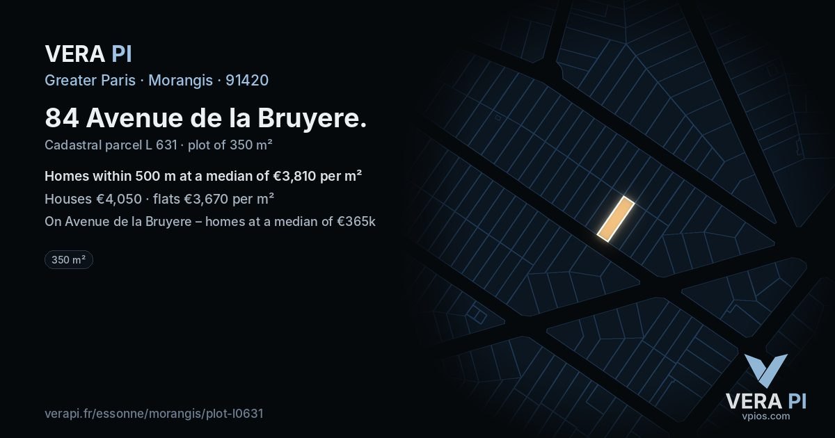 84 Avenue de la Bruyere, Morangis at night – the plot lit, the parcels around coloured by the prices near them