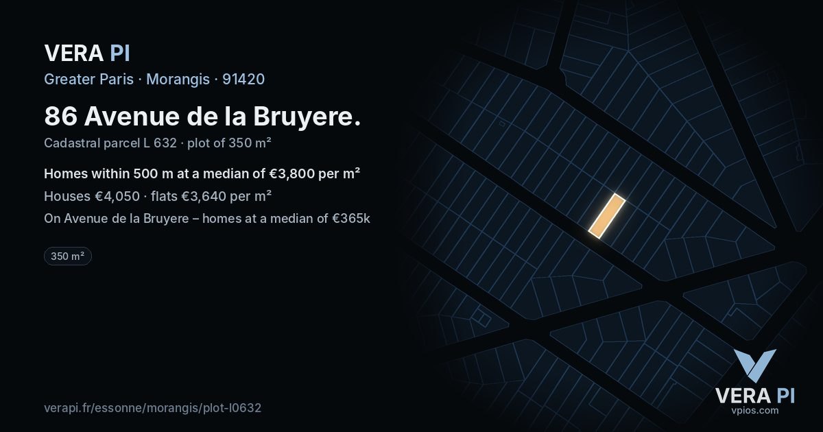86 Avenue de la Bruyere, Morangis at night – the plot lit, the parcels around coloured by the prices near them