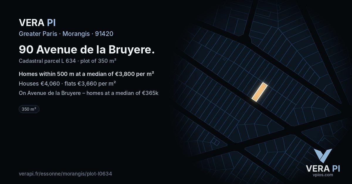 90 Avenue de la Bruyere, Morangis at night – the plot lit, the parcels around coloured by the prices near them
