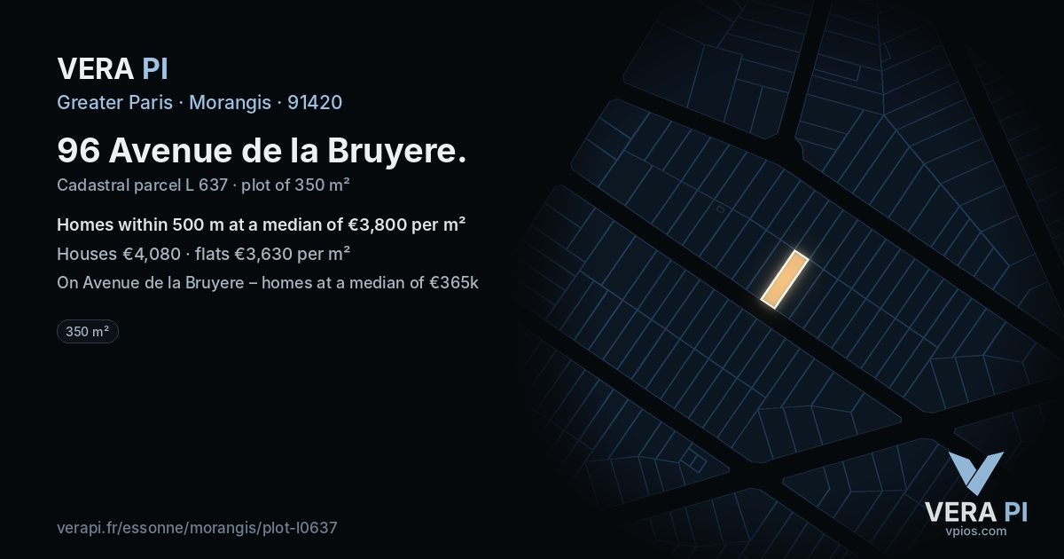96 Avenue de la Bruyere, Morangis at night – the plot lit, the parcels around coloured by the prices near them