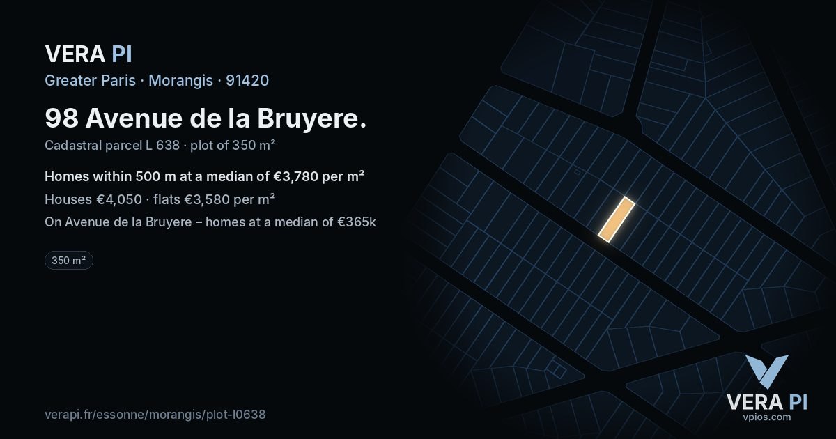 98 Avenue de la Bruyere, Morangis at night – the plot lit, the parcels around coloured by the prices near them