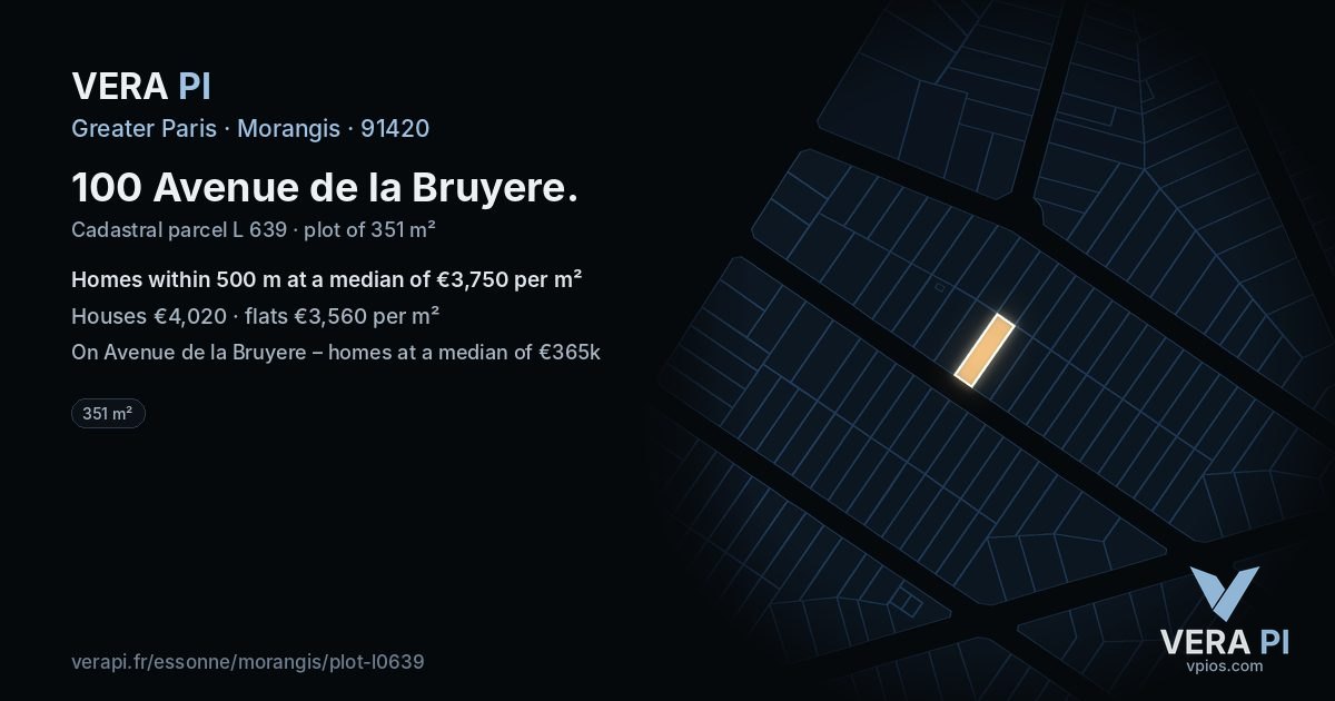 100 Avenue de la Bruyere, Morangis at night – the plot lit, the parcels around coloured by the prices near them