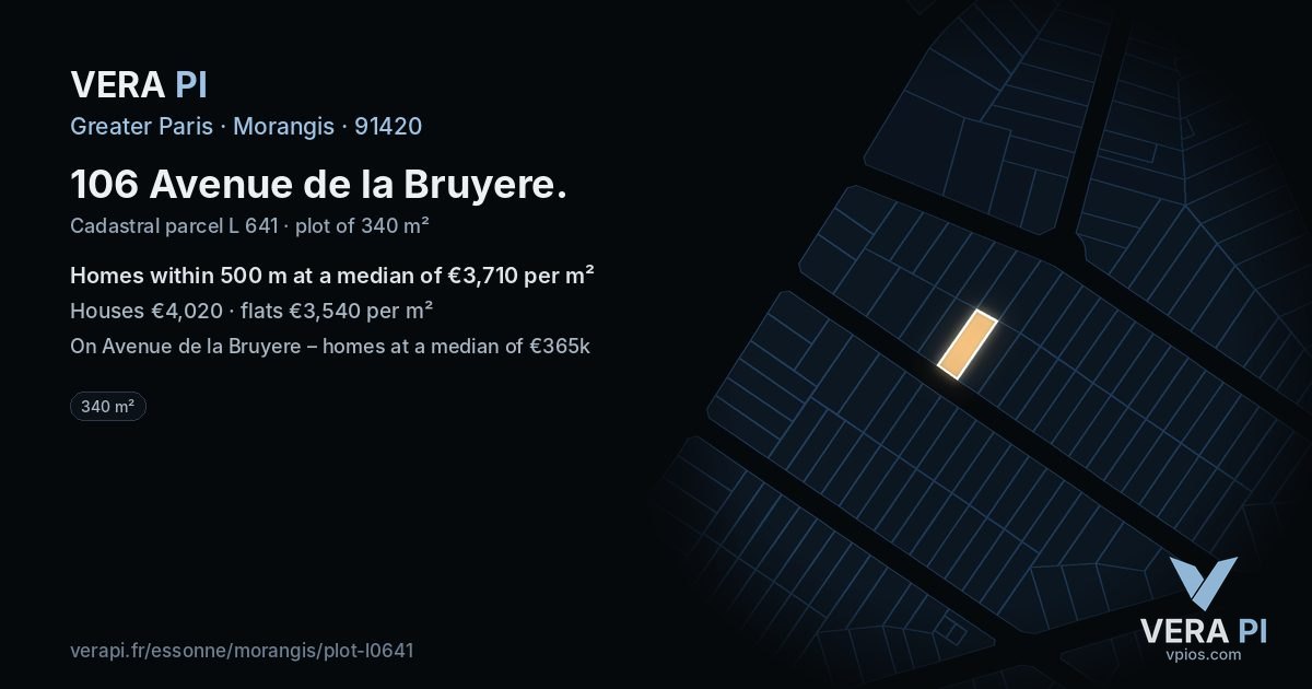 106 Avenue de la Bruyere, Morangis at night – the plot lit, the parcels around coloured by the prices near them