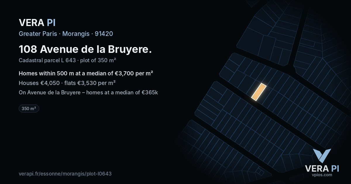 108 Avenue de la Bruyere, Morangis at night – the plot lit, the parcels around coloured by the prices near them