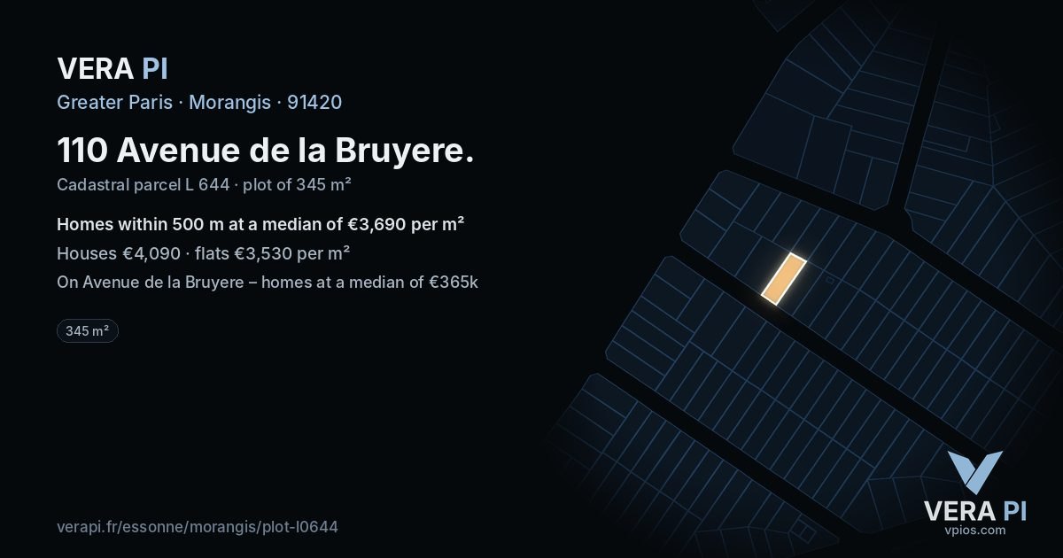 110 Avenue de la Bruyere, Morangis at night – the plot lit, the parcels around coloured by the prices near them