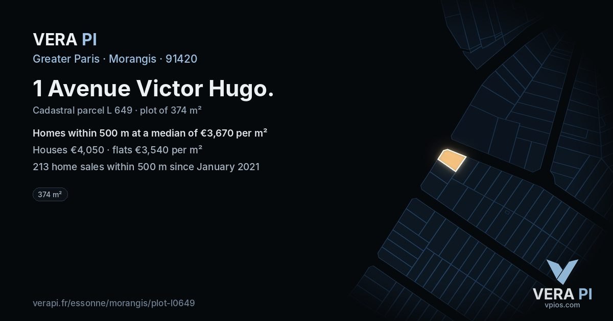 1 Avenue Victor Hugo, Morangis at night – the plot lit, the parcels around coloured by the prices near them