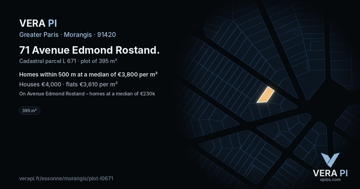 71 Avenue Edmond Rostand, Morangis at night – the plot lit, the parcels around coloured by the prices near them