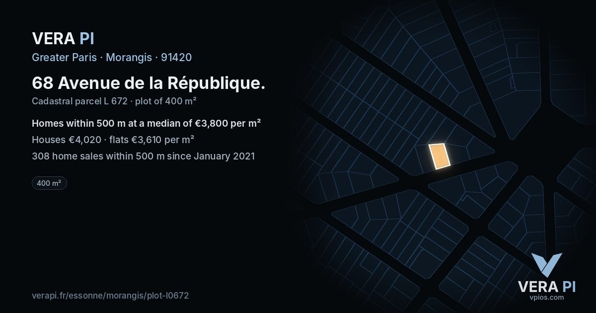 68 Avenue de la République, Morangis at night – the plot lit, the parcels around coloured by the prices near them
