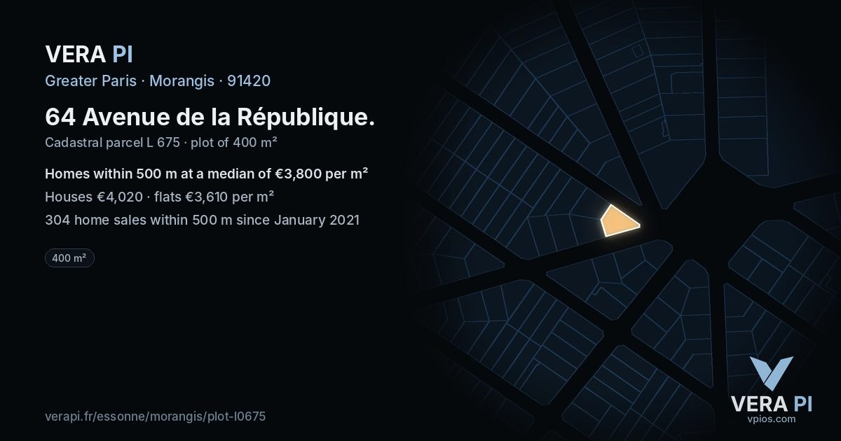 64 Avenue de la République, Morangis at night – the plot lit, the parcels around coloured by the prices near them