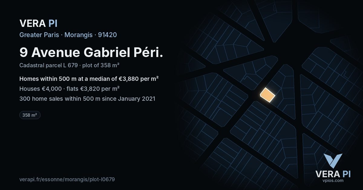 9 Avenue Gabriel Péri, Morangis at night – the plot lit, the parcels around coloured by the prices near them