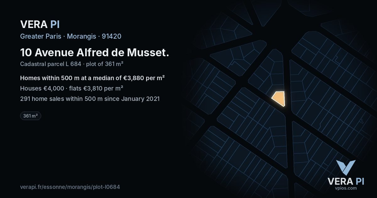 10 Avenue Alfred de Musset, Morangis at night – the plot lit, the parcels around coloured by the prices near them
