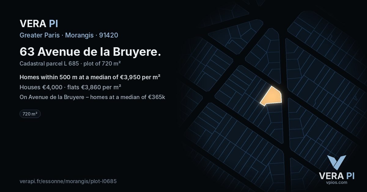 63 Avenue de la Bruyere, Morangis at night – the plot lit, the parcels around coloured by the prices near them
