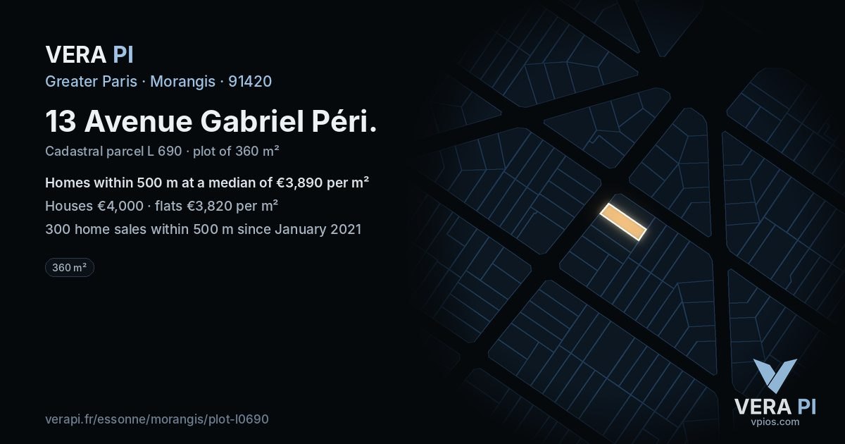 13 Avenue Gabriel Péri, Morangis at night – the plot lit, the parcels around coloured by the prices near them
