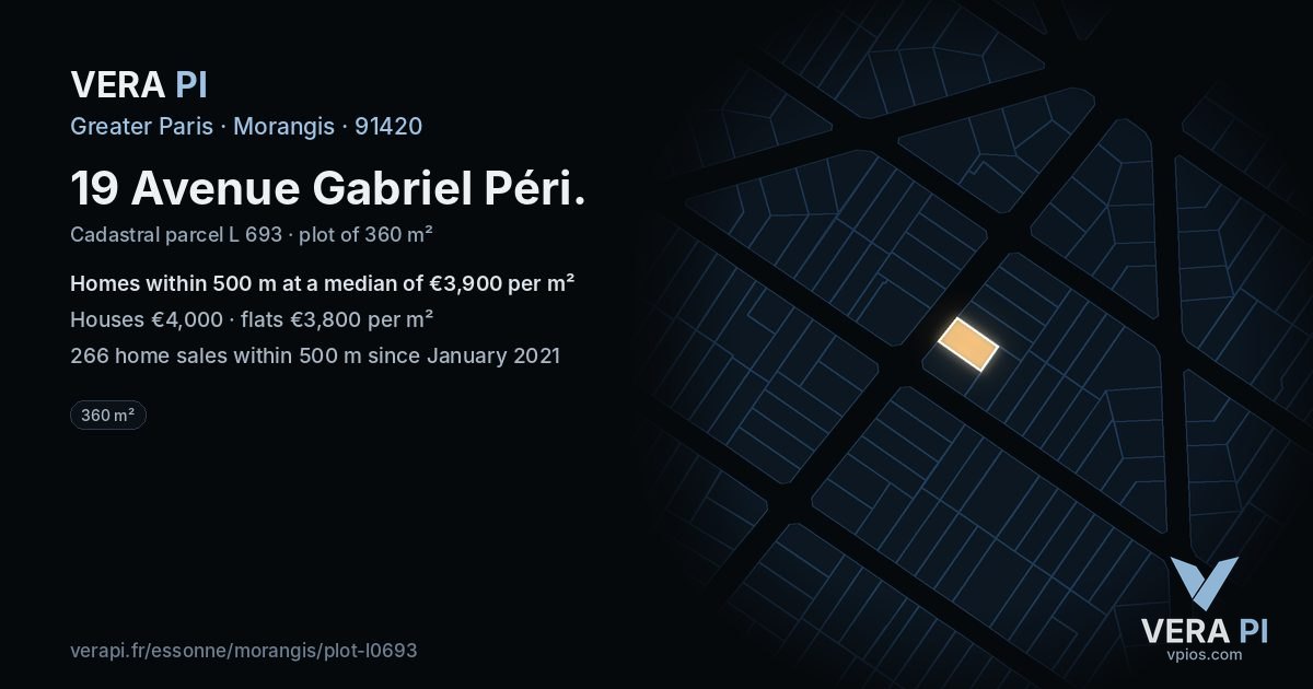 19 Avenue Gabriel Péri, Morangis at night – the plot lit, the parcels around coloured by the prices near them