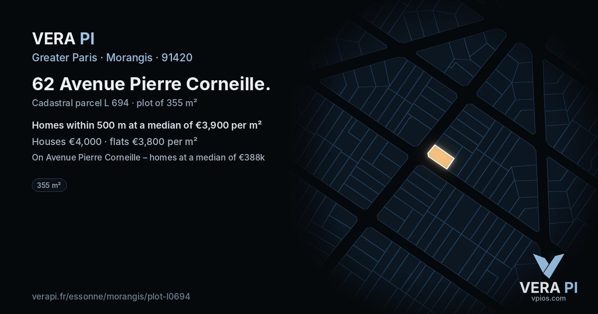 62 Avenue Pierre Corneille, Morangis at night – the plot lit, the parcels around coloured by the prices near them