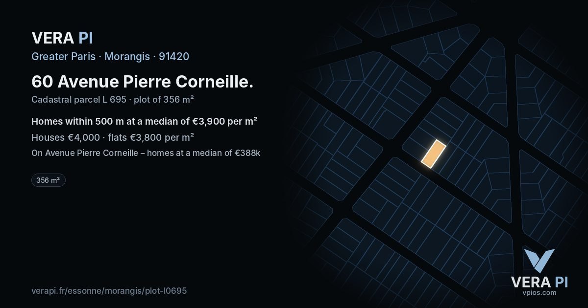 60 Avenue Pierre Corneille, Morangis at night – the plot lit, the parcels around coloured by the prices near them
