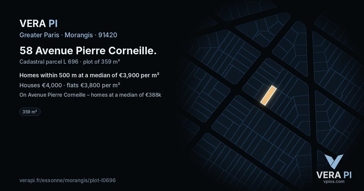 58 Avenue Pierre Corneille, Morangis at night – the plot lit, the parcels around coloured by the prices near them