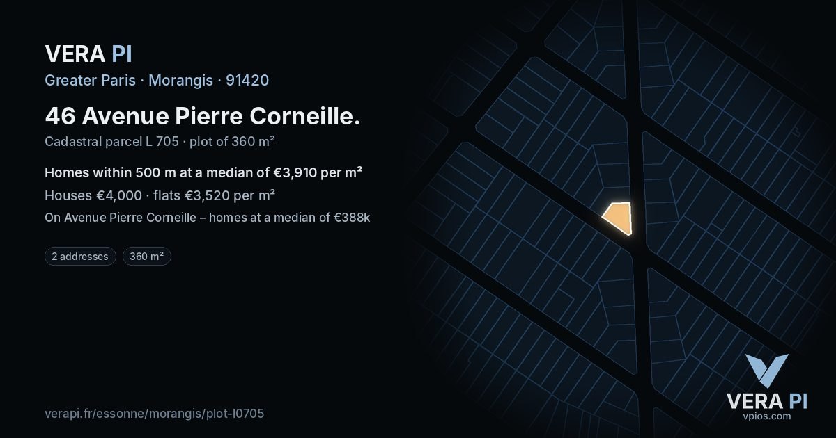 46 Avenue Pierre Corneille, Morangis at night – the plot lit, the parcels around coloured by the prices near them