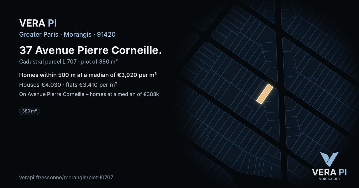 37 Avenue Pierre Corneille, Morangis at night – the plot lit, the parcels around coloured by the prices near them