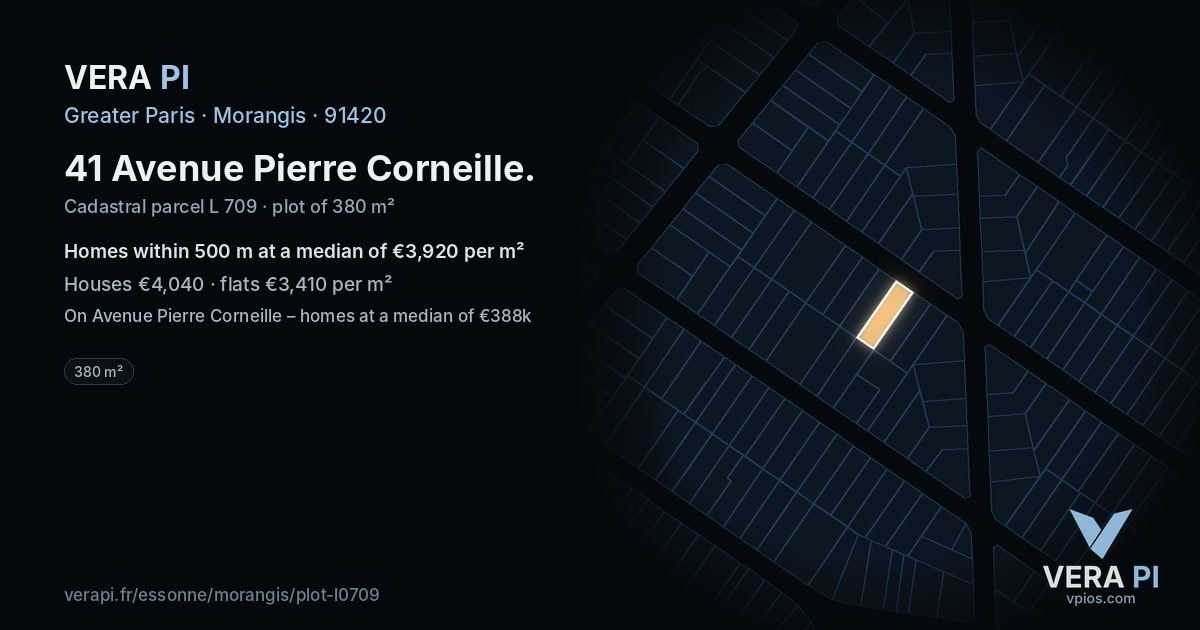 41 Avenue Pierre Corneille, Morangis at night – the plot lit, the parcels around coloured by the prices near them