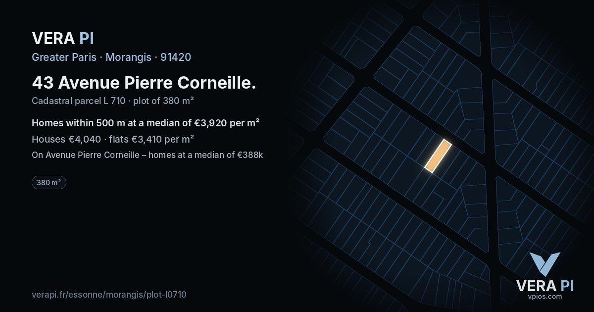 43 Avenue Pierre Corneille, Morangis at night – the plot lit, the parcels around coloured by the prices near them