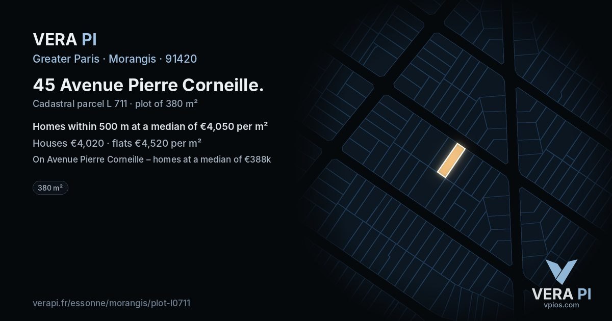 45 Avenue Pierre Corneille, Morangis at night – the plot lit, the parcels around coloured by the prices near them