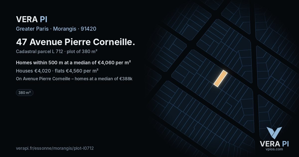 47 Avenue Pierre Corneille, Morangis at night – the plot lit, the parcels around coloured by the prices near them