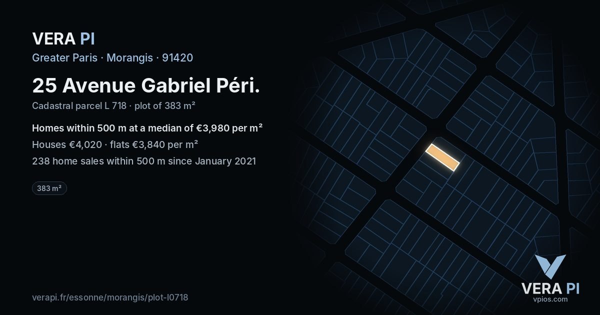 25 Avenue Gabriel Péri, Morangis at night – the plot lit, the parcels around coloured by the prices near them