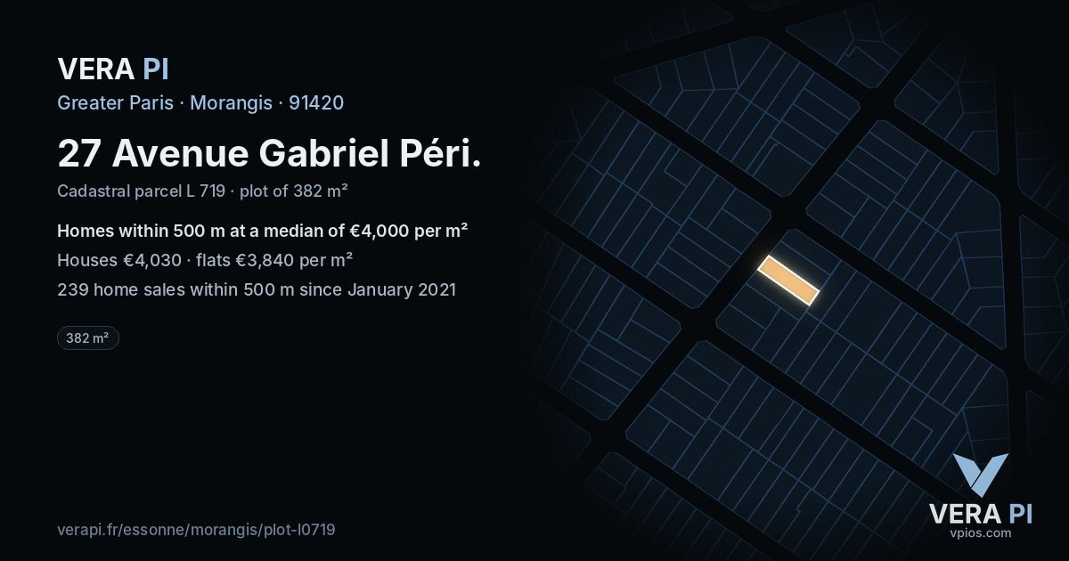 27 Avenue Gabriel Péri, Morangis at night – the plot lit, the parcels around coloured by the prices near them