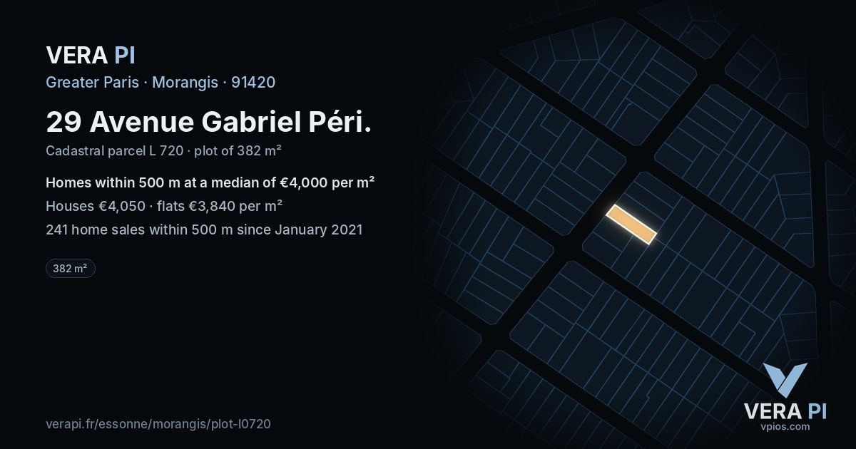 29 Avenue Gabriel Péri, Morangis at night – the plot lit, the parcels around coloured by the prices near them