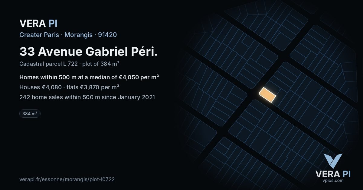 33 Avenue Gabriel Péri, Morangis at night – the plot lit, the parcels around coloured by the prices near them
