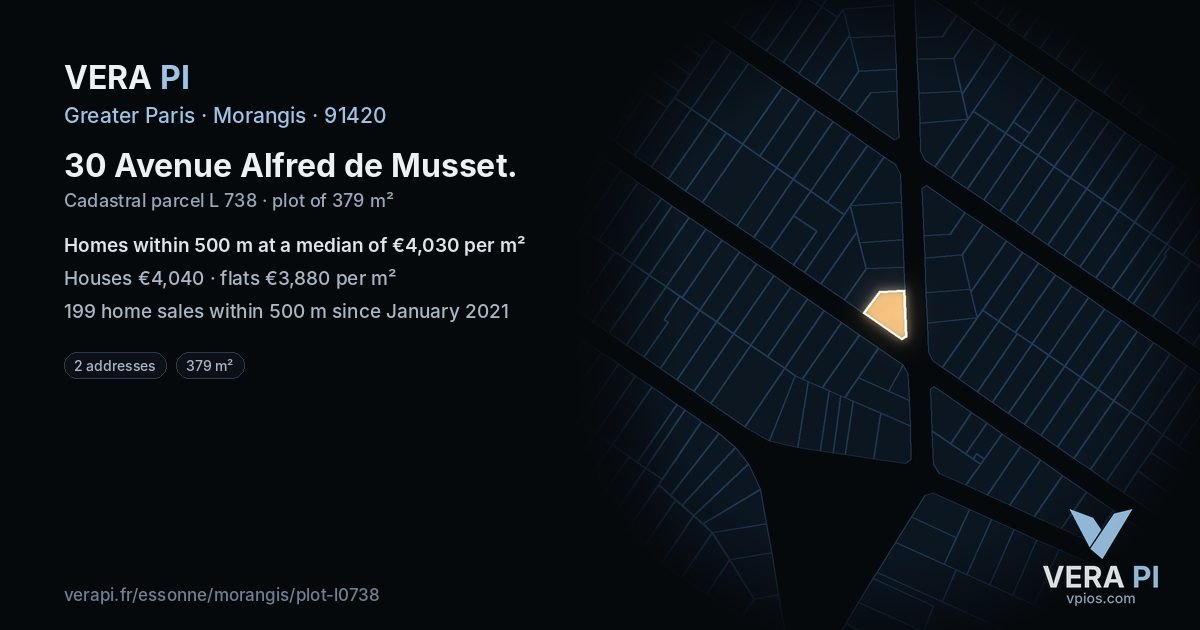 30 Avenue Alfred de Musset, Morangis at night – the plot lit, the parcels around coloured by the prices near them