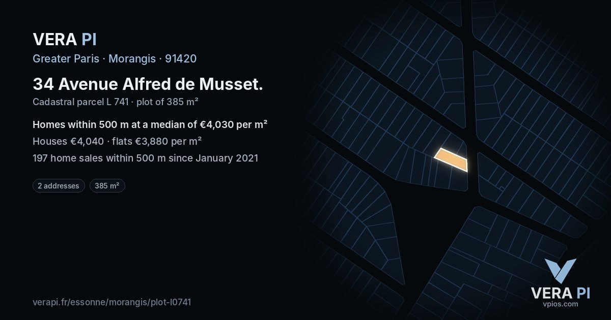 34 Avenue Alfred de Musset, Morangis at night – the plot lit, the parcels around coloured by the prices near them