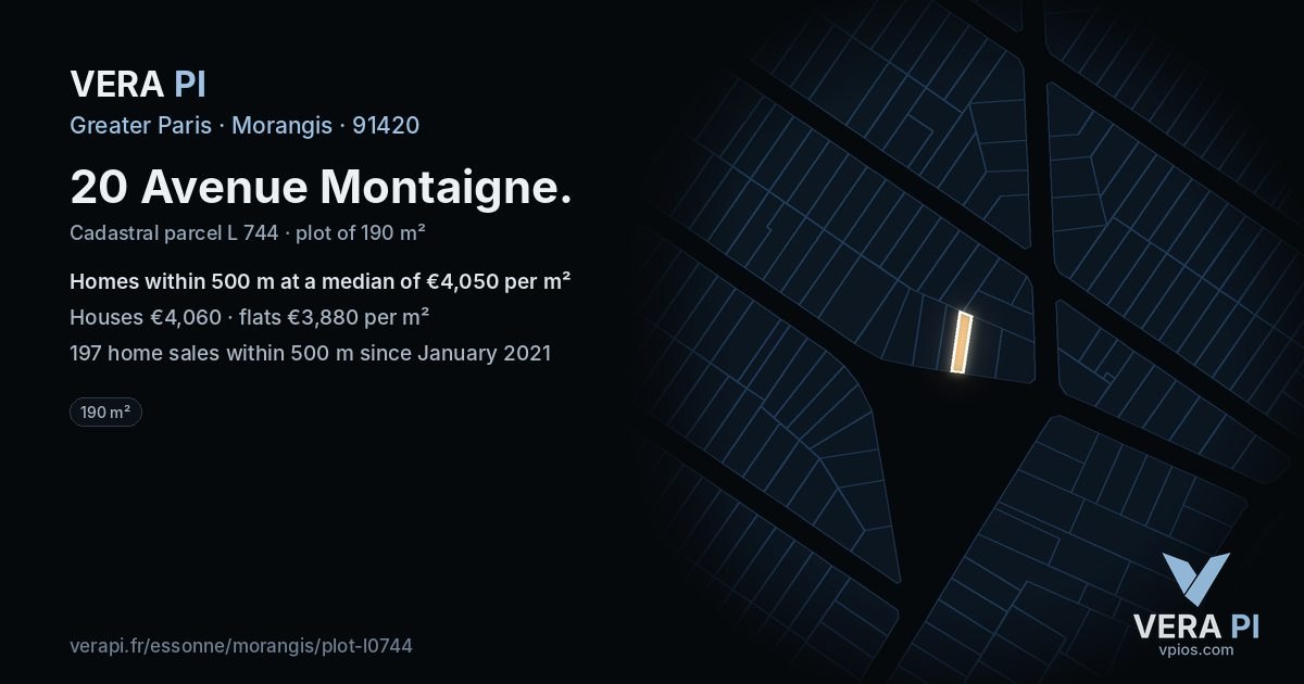 20 Avenue Montaigne, Morangis at night – the plot lit, the parcels around coloured by the prices near them