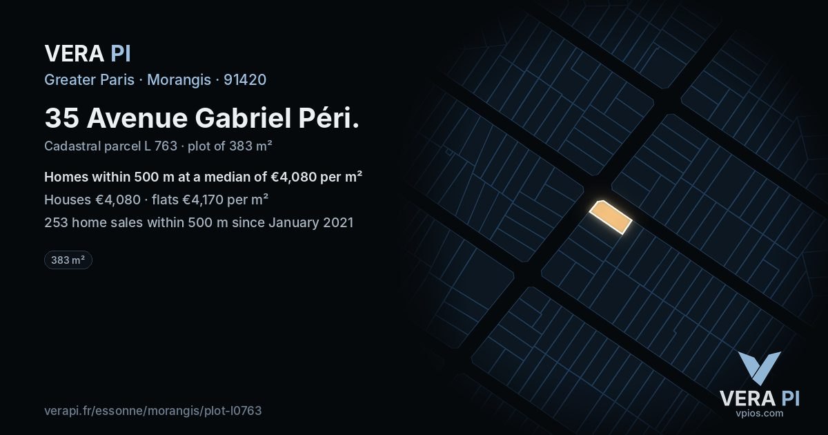 35 Avenue Gabriel Péri, Morangis at night – the plot lit, the parcels around coloured by the prices near them