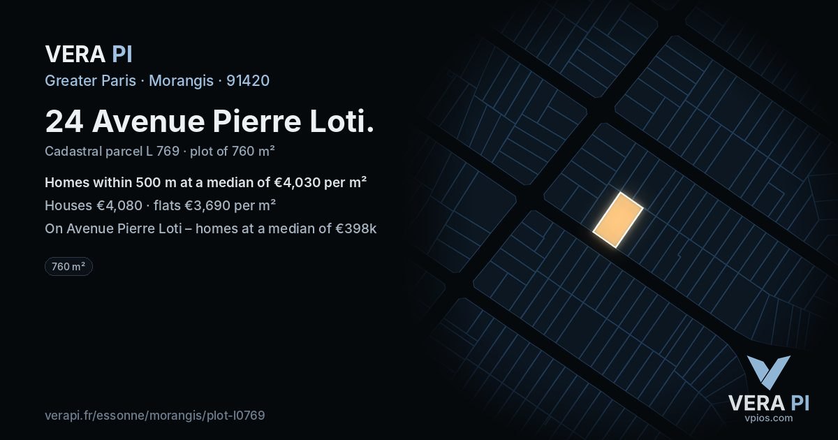 24 Avenue Pierre Loti, Morangis at night – the plot lit, the parcels around coloured by the prices near them
