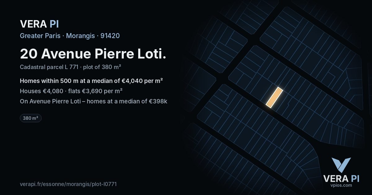 20 Avenue Pierre Loti, Morangis at night – the plot lit, the parcels around coloured by the prices near them