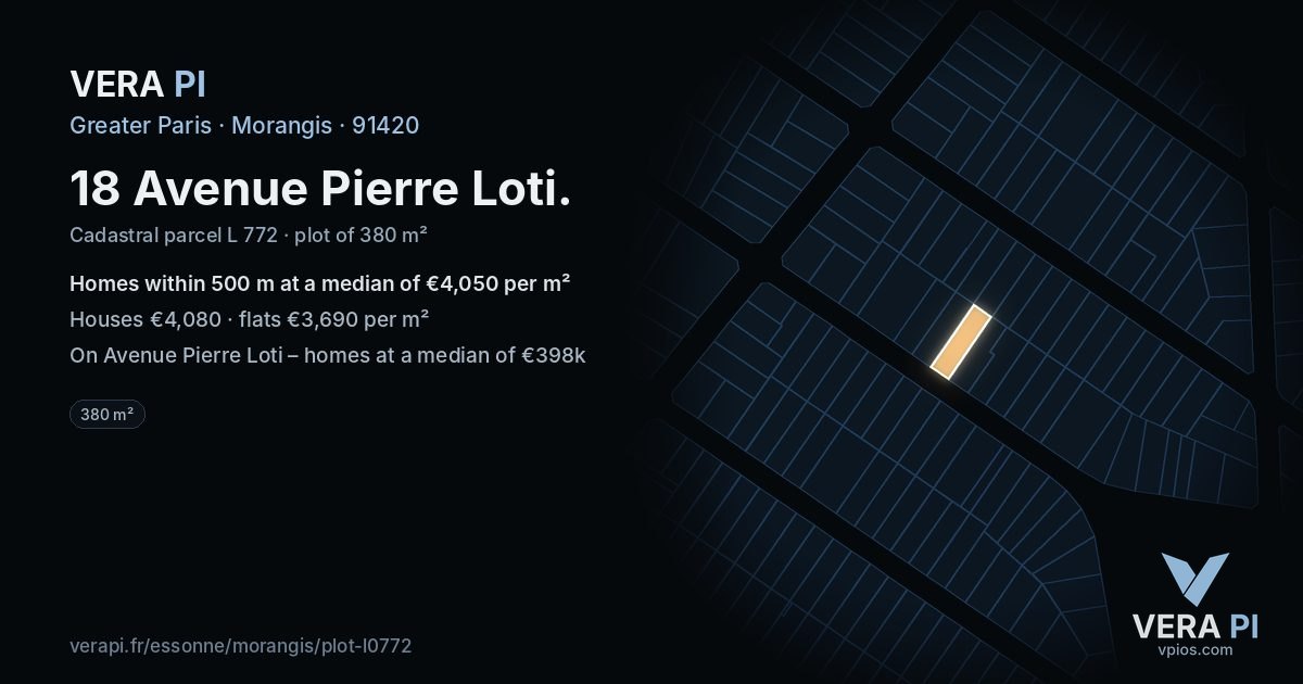 18 Avenue Pierre Loti, Morangis at night – the plot lit, the parcels around coloured by the prices near them