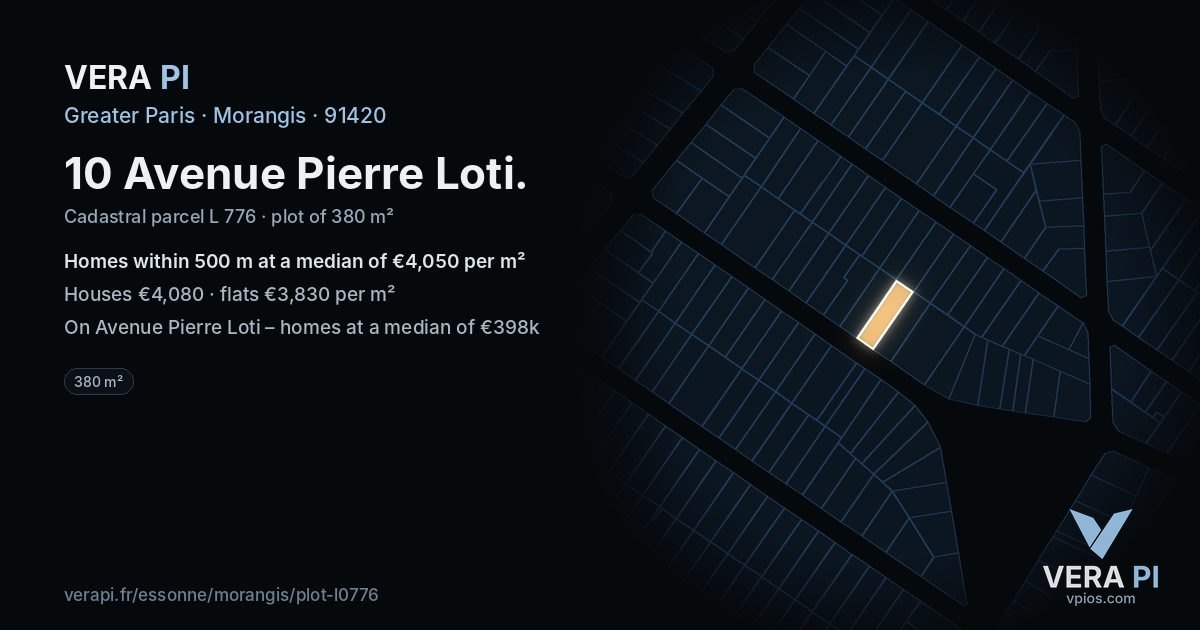10 Avenue Pierre Loti, Morangis at night – the plot lit, the parcels around coloured by the prices near them