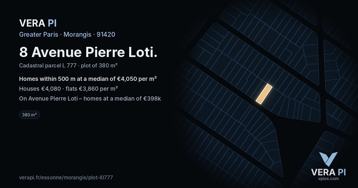 8 Avenue Pierre Loti, Morangis at night – the plot lit, the parcels around coloured by the prices near them